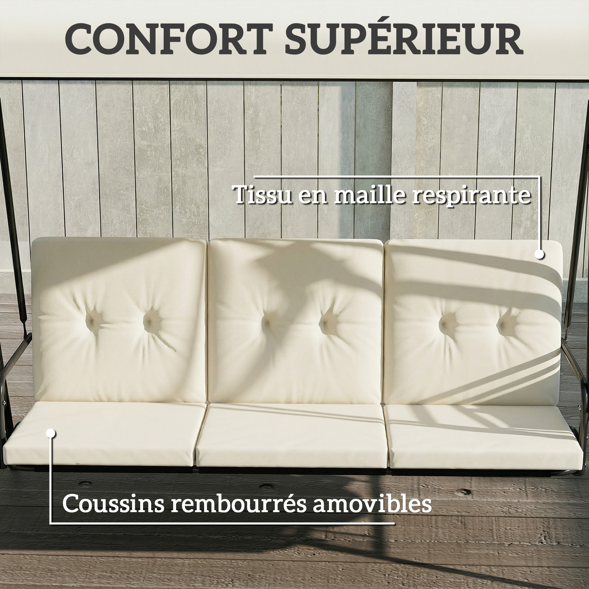 Balancelle de jardin 3 places grand confort - toit réglable, 2 tablettes latérales, coussins - acier polyester crème