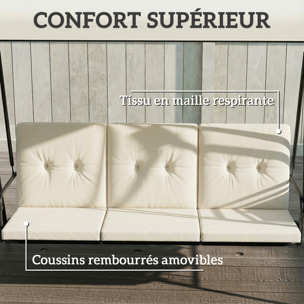 Balancelle de jardin 3 places grand confort - toit réglable, 2 tablettes latérales, coussins - acier polyester crème