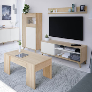 Mueble TV con estante Kikua Plus Blanco Artik (Blanco Mate) - Roble Canadian