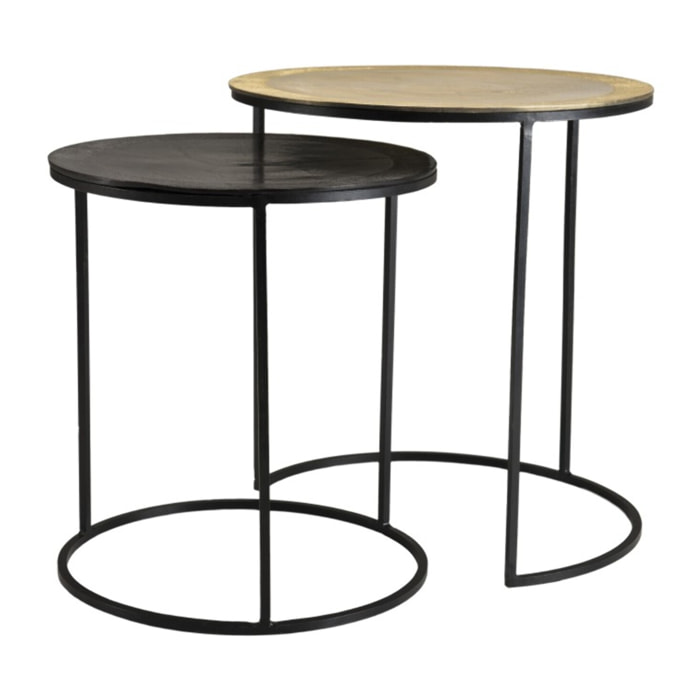 JOHAN - Set de 2 tables d'appoint gigognes rondes aluminium doré et noir - pieds ronds métal noir