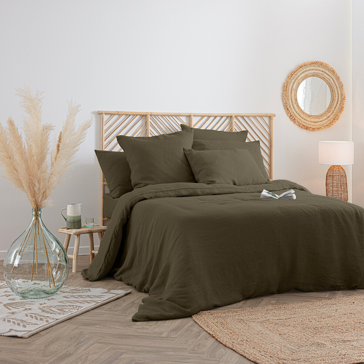 Drap-housse "Linah" - vert kaki - lin lavé 140x190 cm