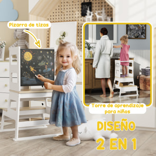 Torre de Aprendizaje 2 en 1 Taburete de Aprendizaje para Niños de +3 Años con Pizarra y Barrera de Seguridad para Baño Cocina 55x52,5x87,5 cm Blanco