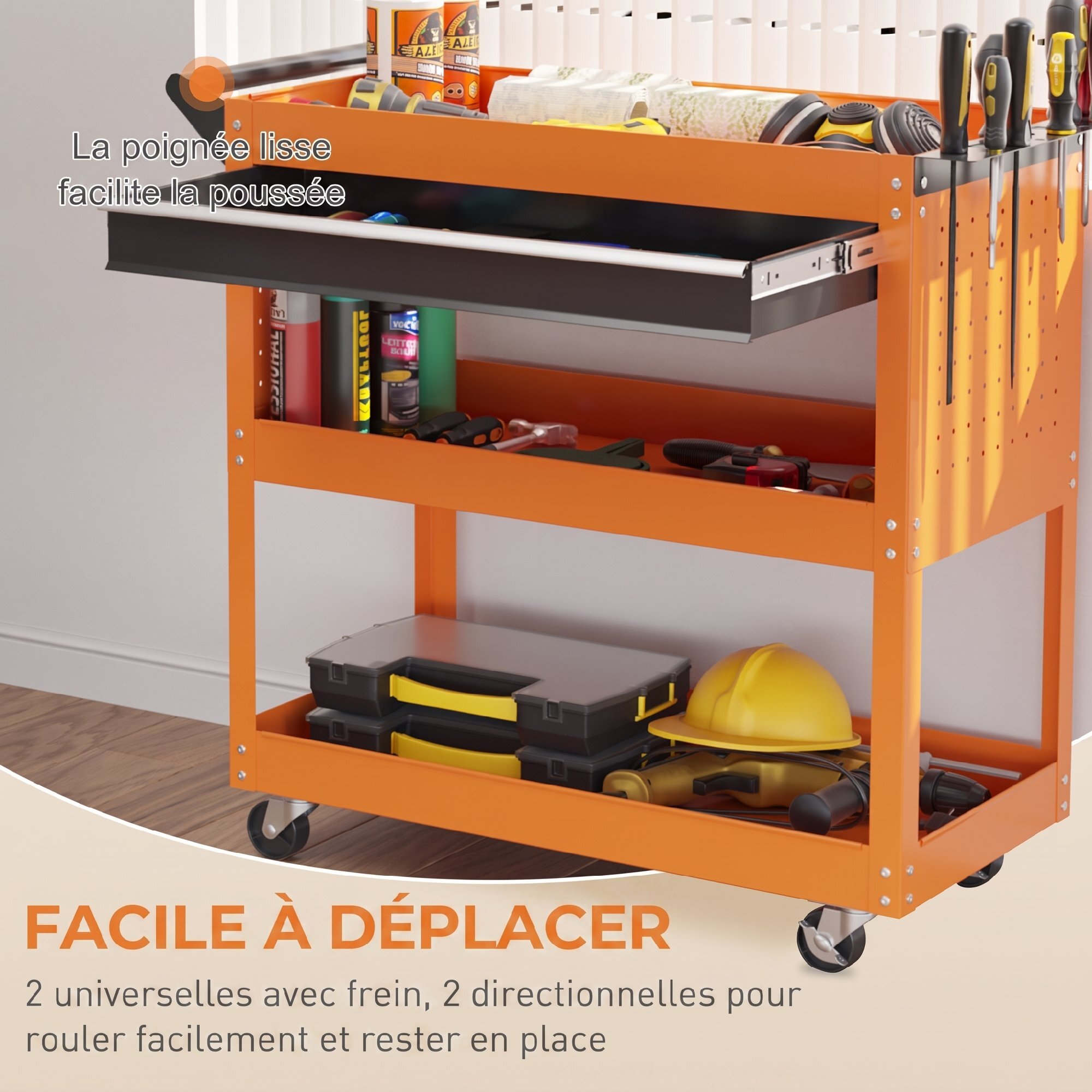 Servante d'atelier chariot à outils 2 étagères plateau grand tiroir tablette à outils acier orange