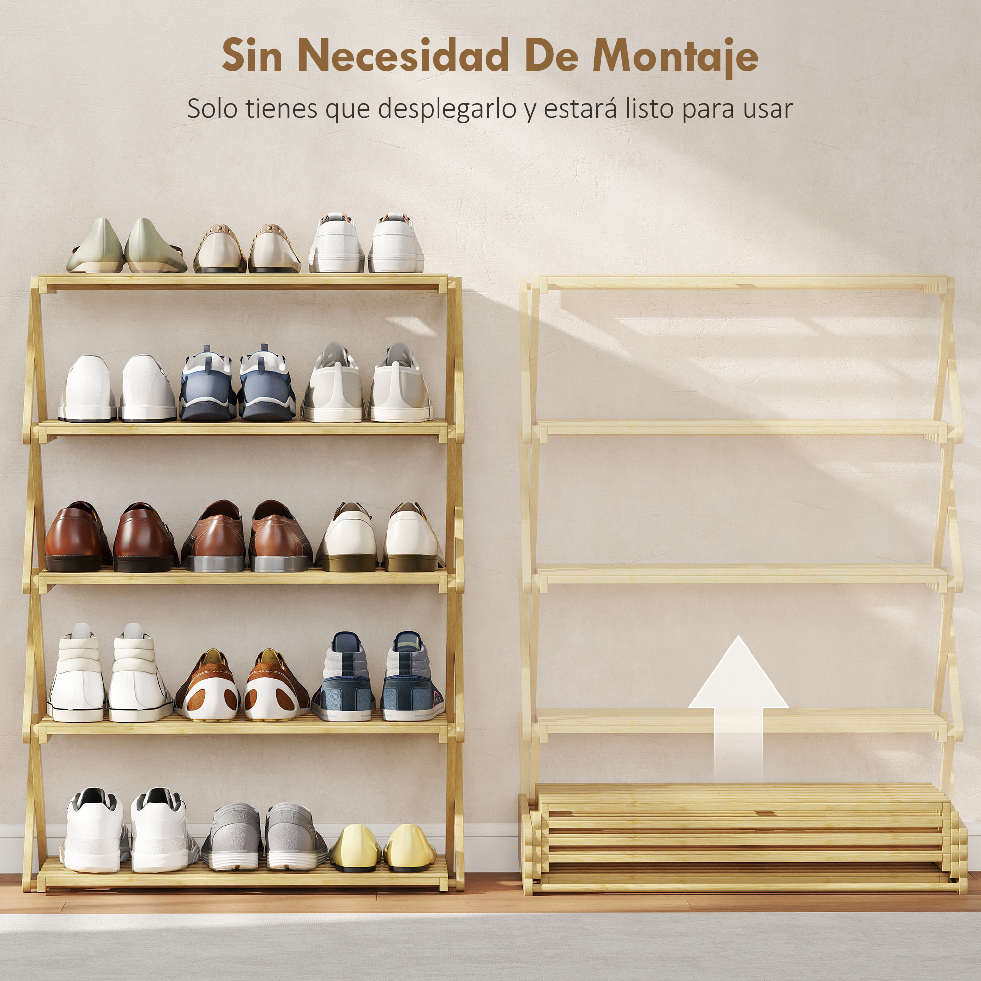 Zapatero Estrecho de Bambú, Zapatero Vertical Plegable de 5 Niveles, Sin Instalación, Estantería para Zapatos para Entrada, Pasillo, Dormitorio, Natural