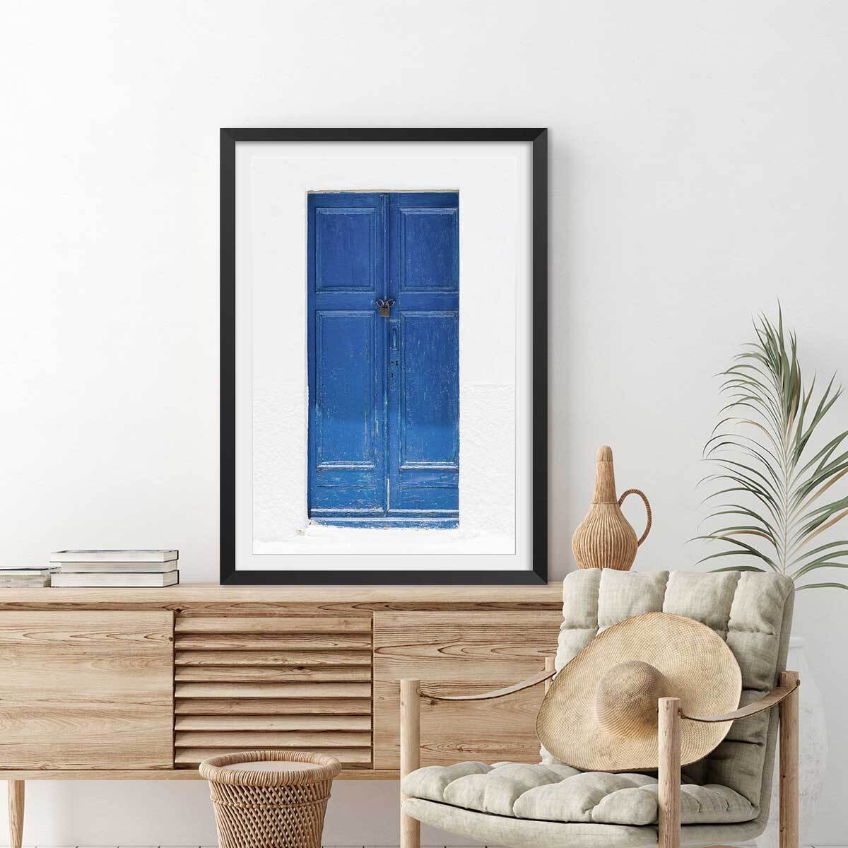 Poster porte bleue ios Affiche + cadre en bois - Noir