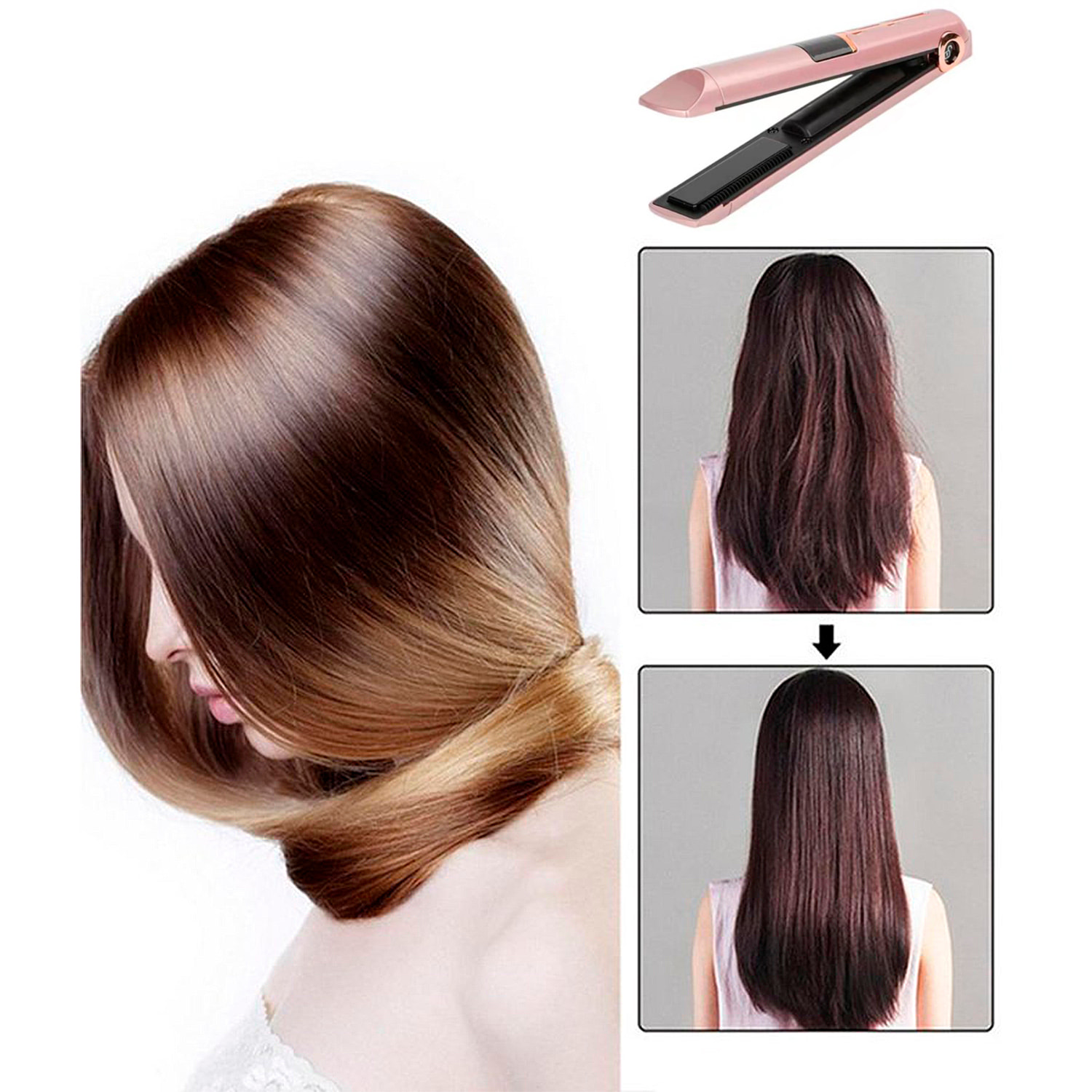 Piastra per capelli wireless 2 in 1, ricci e lisci. Con 3 livelli di potenza e display LED con indicatore di carica.