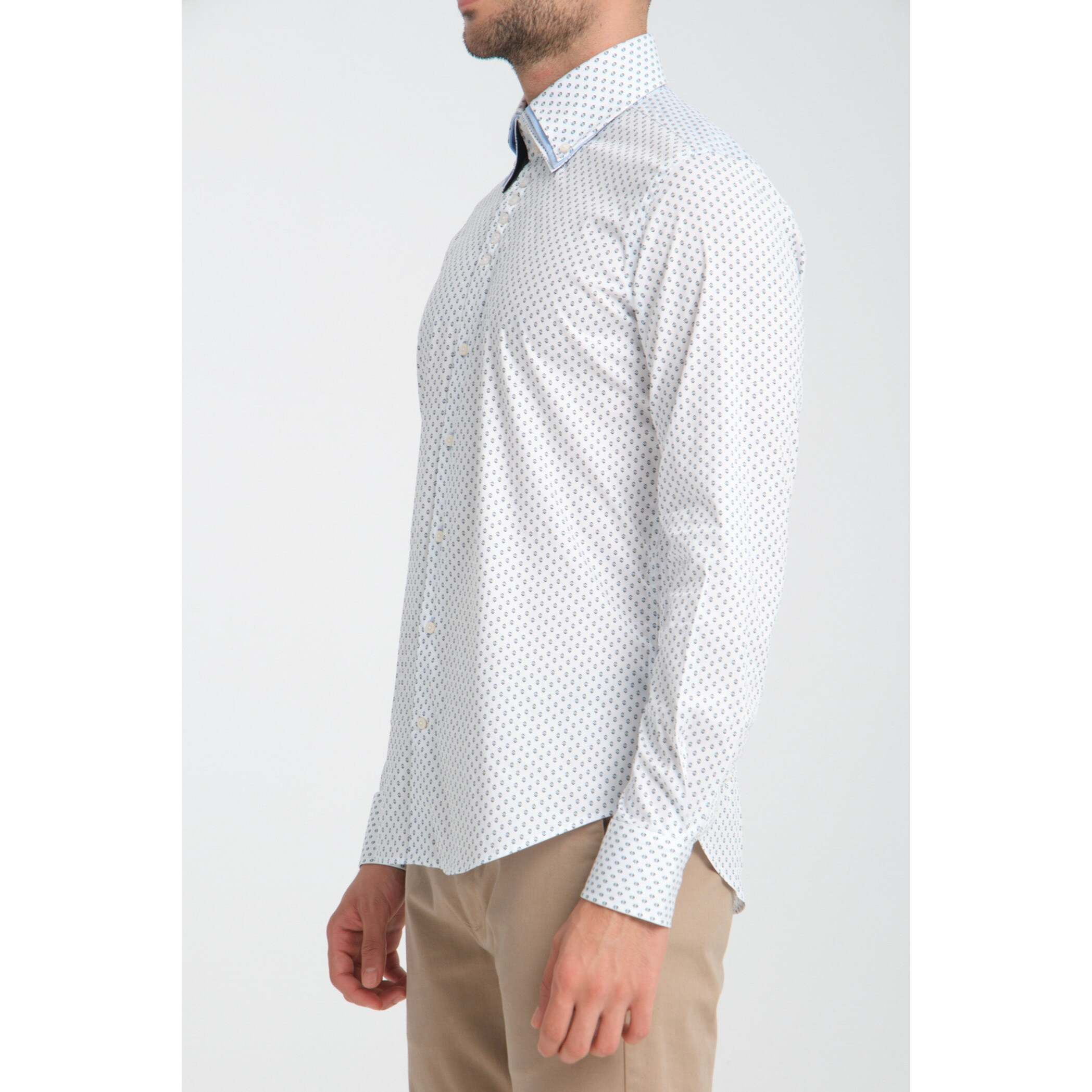 Camicia Uomo 2 Bottoni Button Down Triplo Collo Slim Popeline Stretch Stampato Bianco e Blu