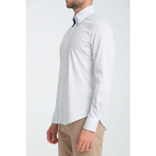 Camicia Uomo 2 Bottoni Button Down Triplo Collo Slim Popeline Stretch Stampato Bianco e Blu
