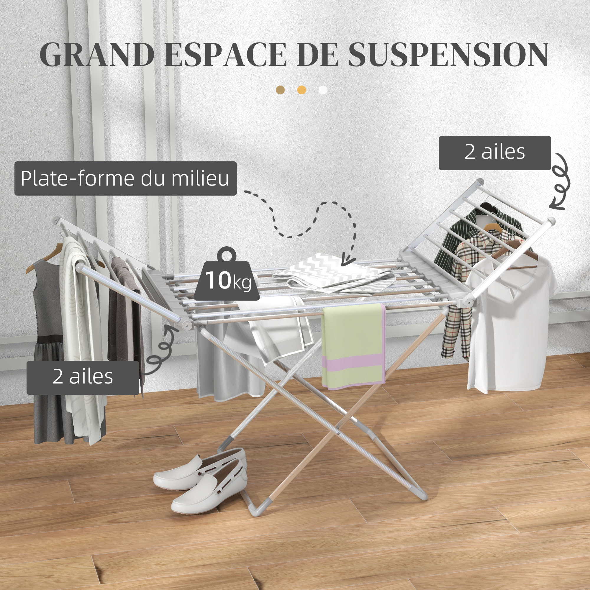 Etendoir séchoir linge pliable 2 ailes latérales extensibles alliage aluminium