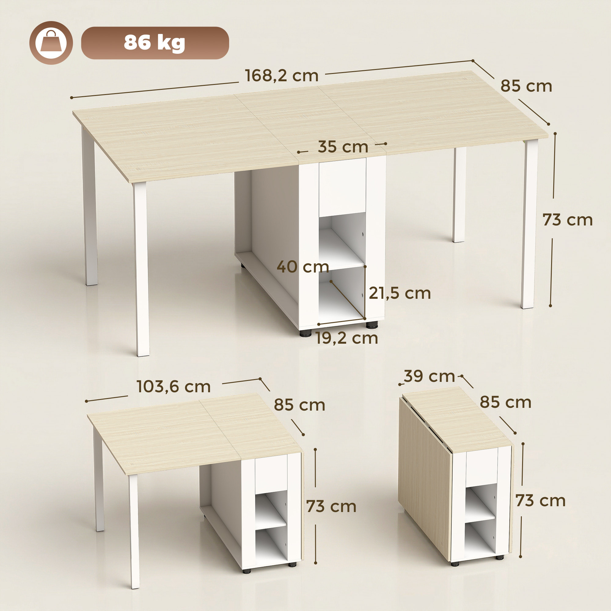 Mesa Plegable de Comedor, Mesa de Cocina Plegable para 6 Personas, con Alas Abatibles, Cajones, Estantes Abiertos, para Salón, Espacio Pequeño, 168,2x85x73 cm, Blanco