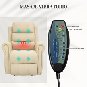 Sillón Relax Reclinable Eléctrico Levanta Personas, con Masaje Vibratorio y Calor, Sillón Elevador, con Control Remoto, Reposapiés, Tapizado en PU, Bolsillos Laterales, Crema