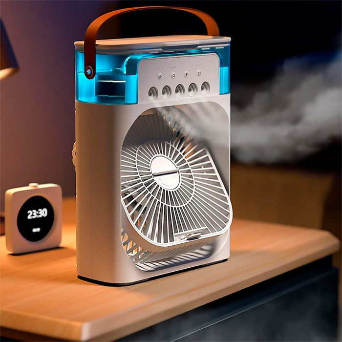 Ventilador de aire frío con 3 intensidades y luz RGB ajustable.