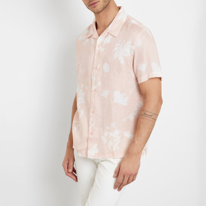 Chemise Island - coupe slim - 100% lin - motif fleuri - rose et blanc
