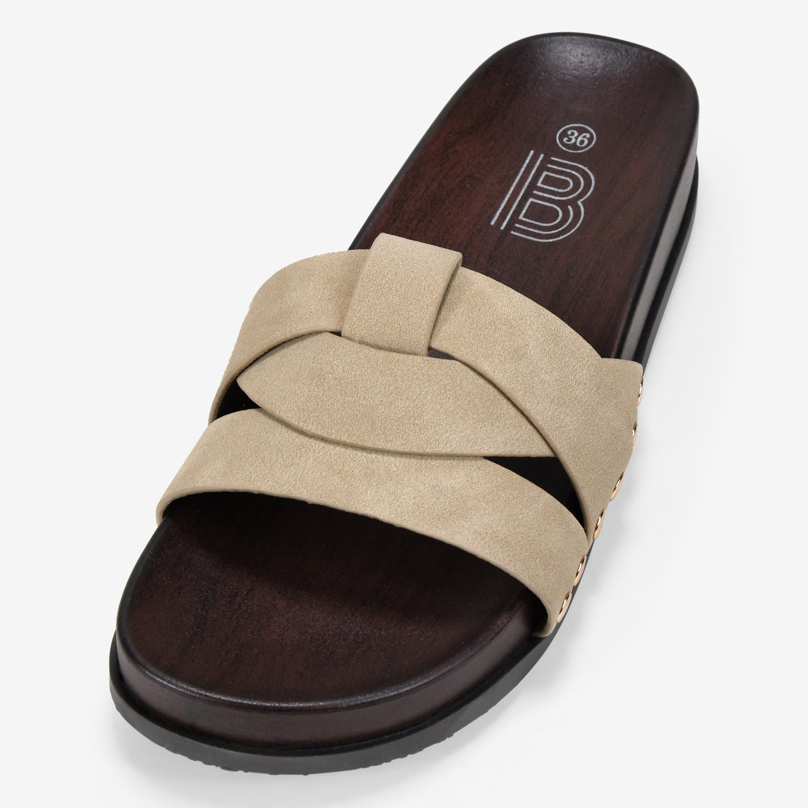 Sandalias planas beige con suela efecto madera