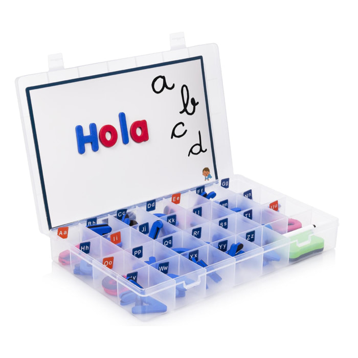Lavagna magnetica con lettere, 2 pennarelli e gomma. Include 3 lettere minuscole 1 maiuscola per ogni lettera dell'alfabeto.