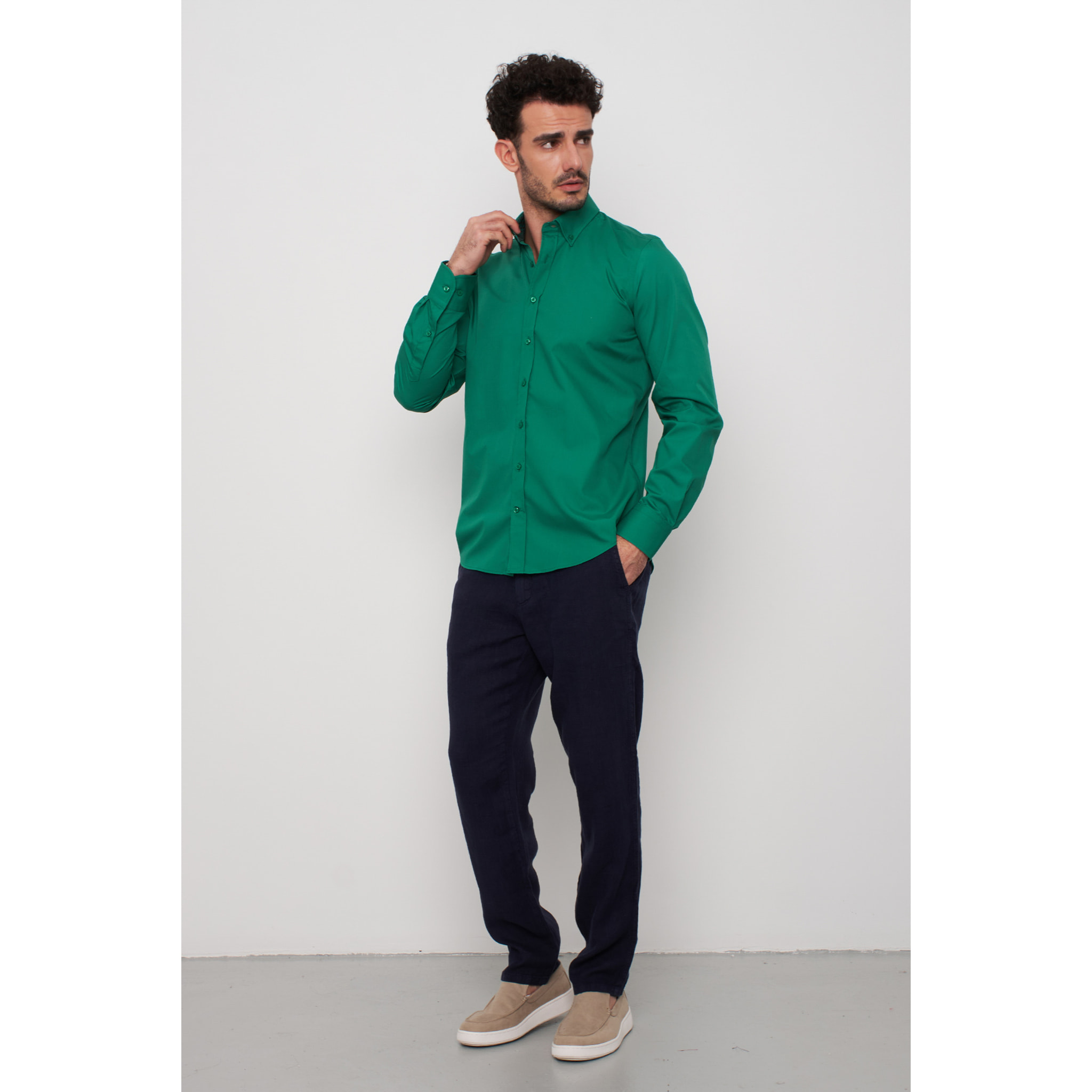 camicia uomo 1 bottone button down slim Popeline Stretch Unito Verde Foglia