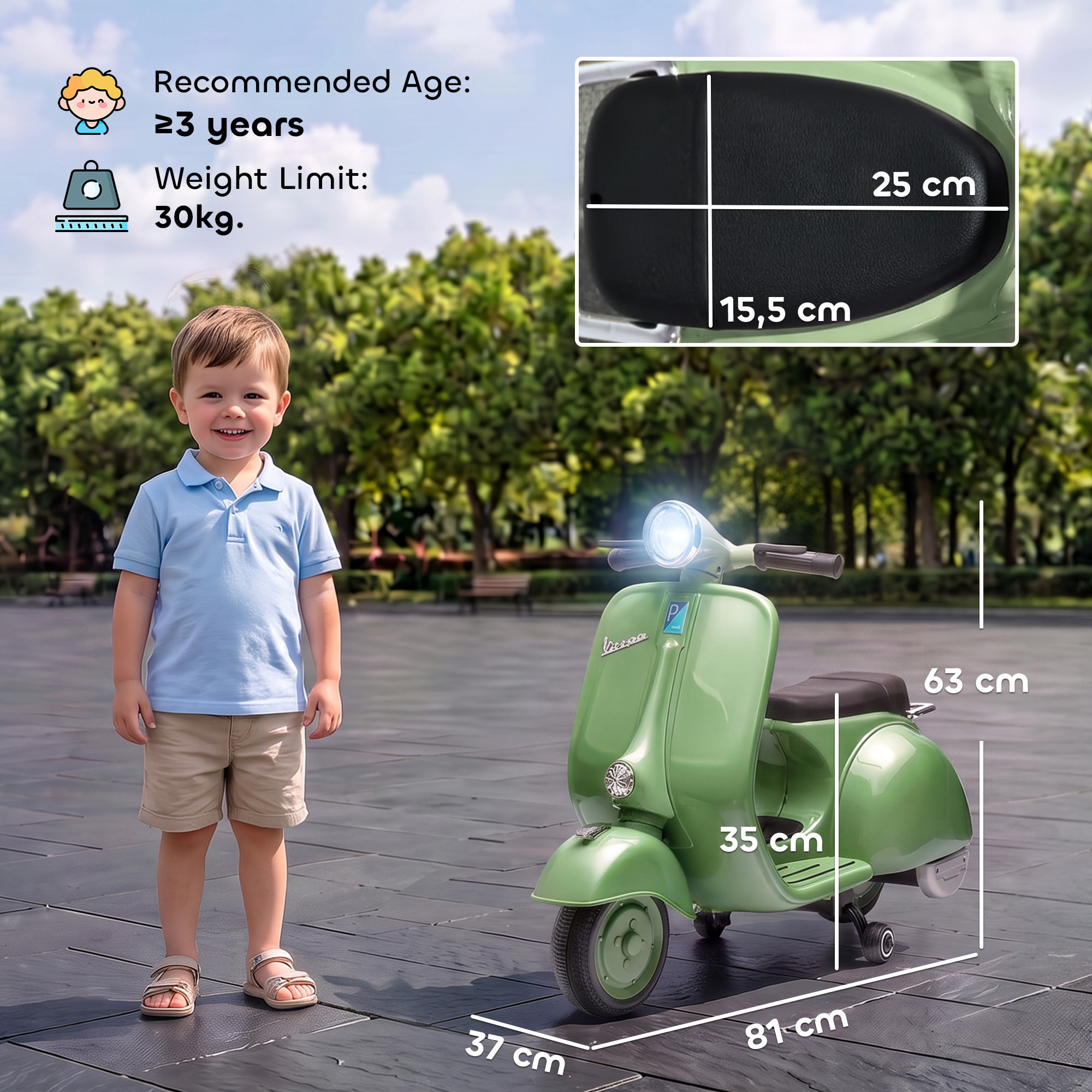 Moto Eléctrica para Niños Licencia VESPA 6V, Moto Eléctrica Infantil con Arranque Suave, Ruedines Desmontables, Luz Delantera, Música, Bocina, USB, Avance, Atrás, para Niños de +3 Años, Verde
