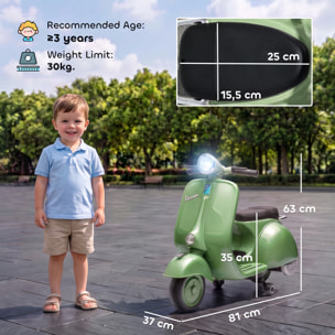 Moto Eléctrica para Niños Licencia VESPA 6V, Moto Eléctrica Infantil con Arranque Suave, Ruedines Desmontables, Luz Delantera, Música, Bocina, USB, Avance, Atrás, para Niños de +3 Años, Verde