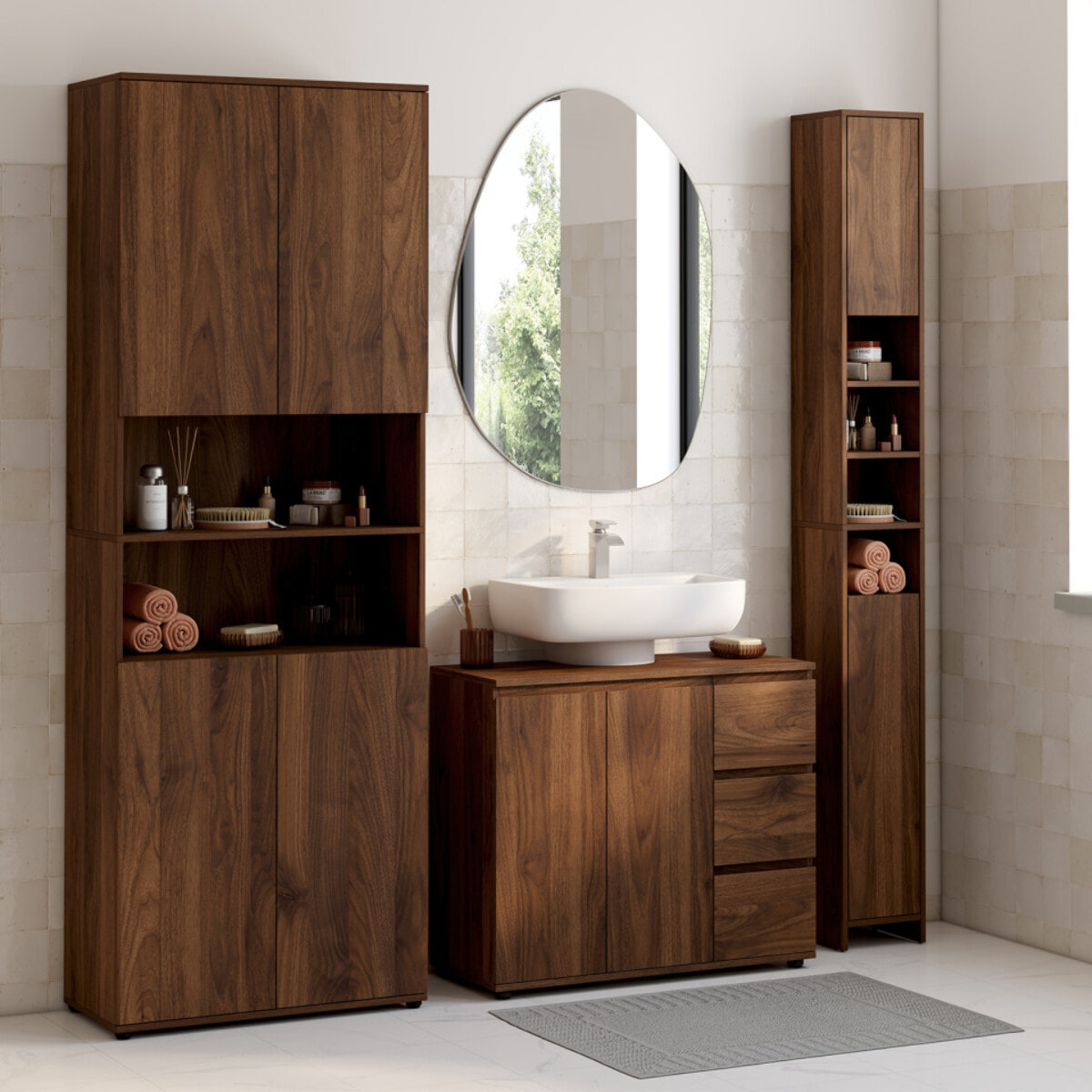 Meuble sous vasque Tom effet noyer placards et tiroirs