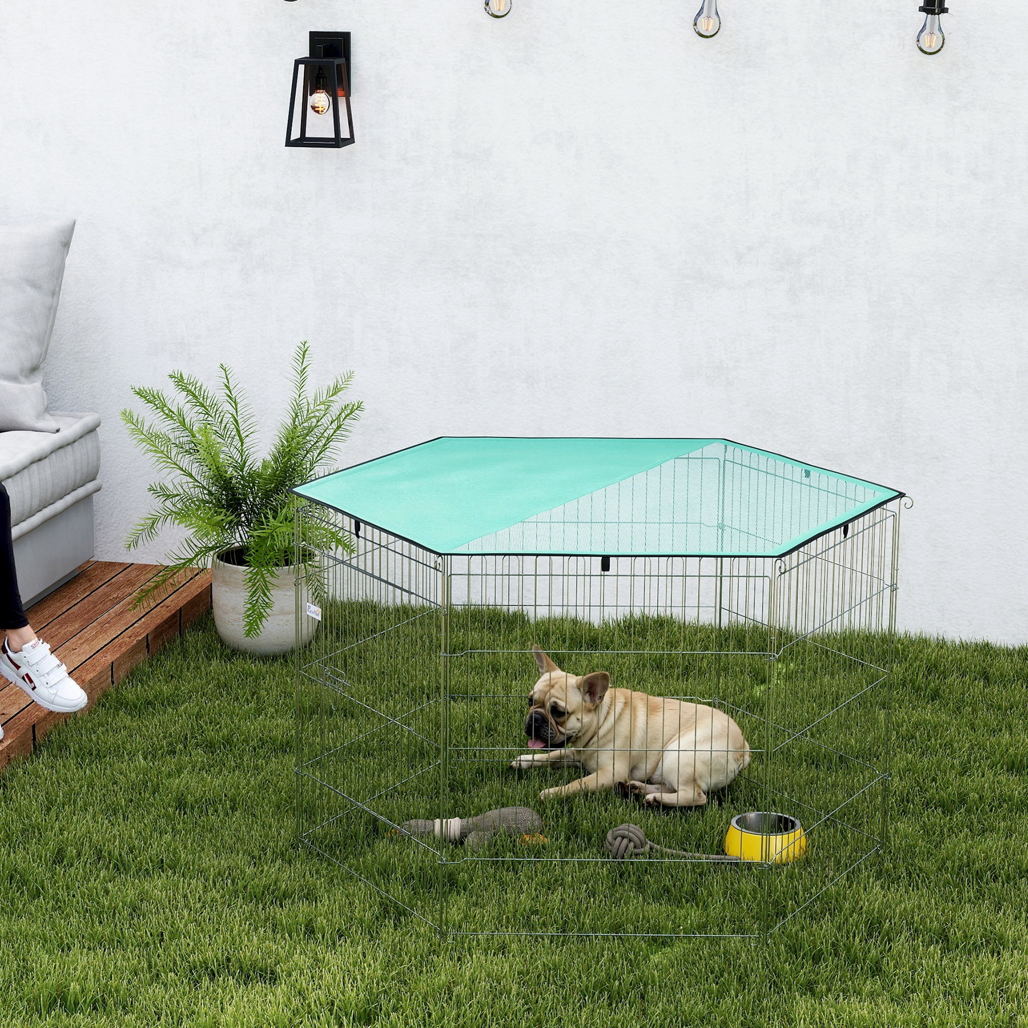 Parc pour chien  6 panneaux - avec toit, modulable et pliable - 76H cm - avec porte - intérieur et extérieur - argent vert