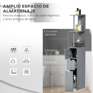 Columna Auxiliar de Baño Moderno Armario de Baño Mueble Auxiliar de Baño con 2 Estantes 2 Cajones y 1 Puerta Antivuelco 15x33x136,5 cm Gris