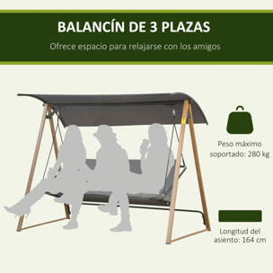 Columpio Balancín de Jardín de 3 Plazas con Techo Ajustable Asiento Acolchado y Marco de Acero para Patio Terraza Exterior Carga 320 kg 224x133x173 cm Gris