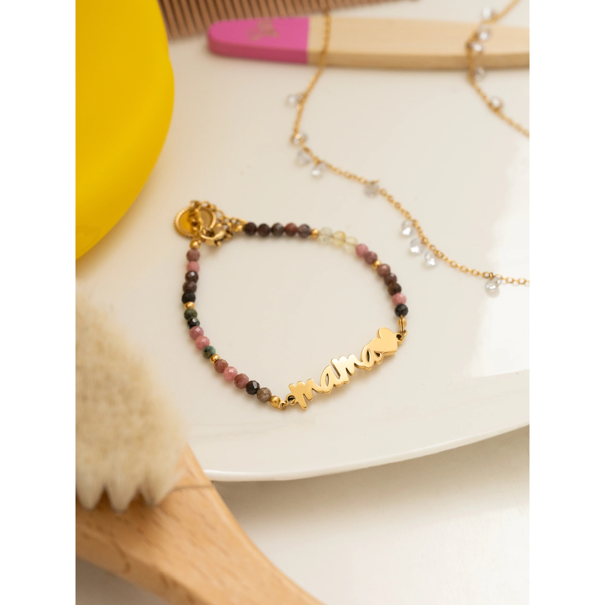 SINGULARU - Collar Dots Mamá. Latón con Baño en Oro de 18 Kt y Circonita. Joyas Para Mujer