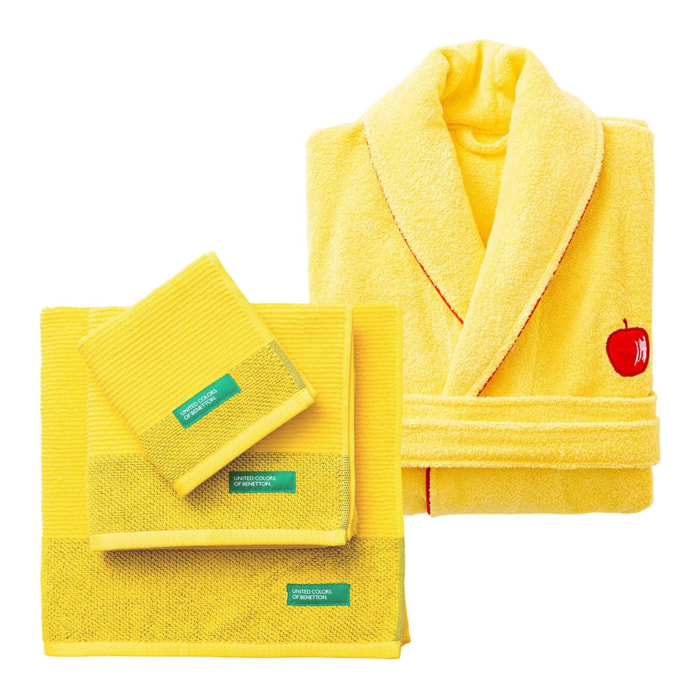 Set de albornoz unisex 380gsm algodón amarillo + toallas de baño (tocador 30x50cm + manos 50x90cm + baño 70x140cm) 450gsm algodón benetton