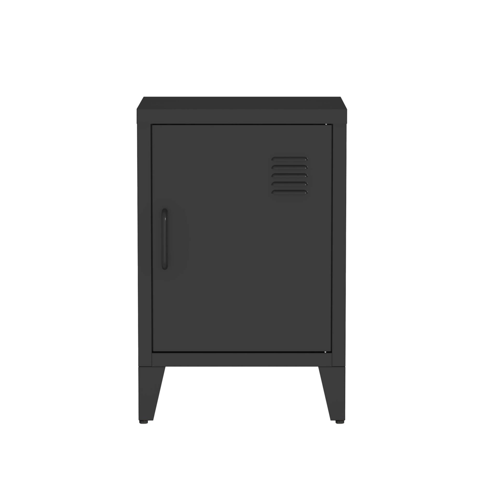 Table de chevet en acier noir. 1 porte. casier