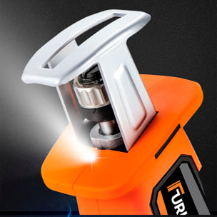 Sega a motore elettrico senza fili con 3000 rpm e batteria da 21V. Include 6 lame di diverse dimensioni per diversi tagli.