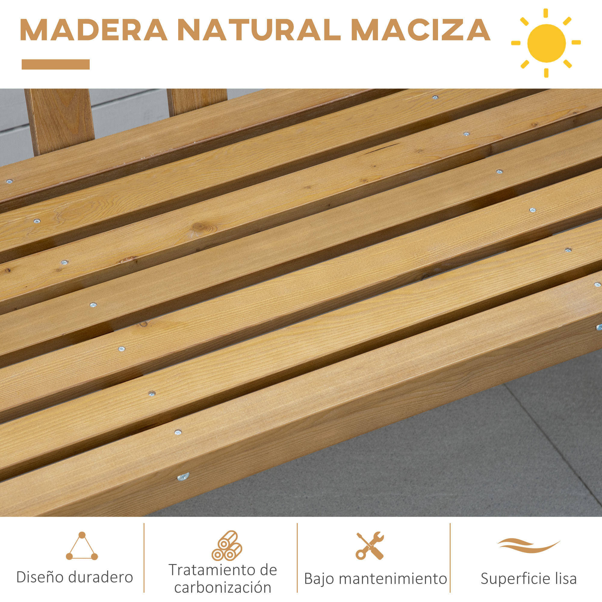 Banco de Jardín de 3 Plazas Banco Exterior de Madera con Respaldo de Listones para Terraza Patio Balcón Carga 360 kg 144x60x77 cm Natural