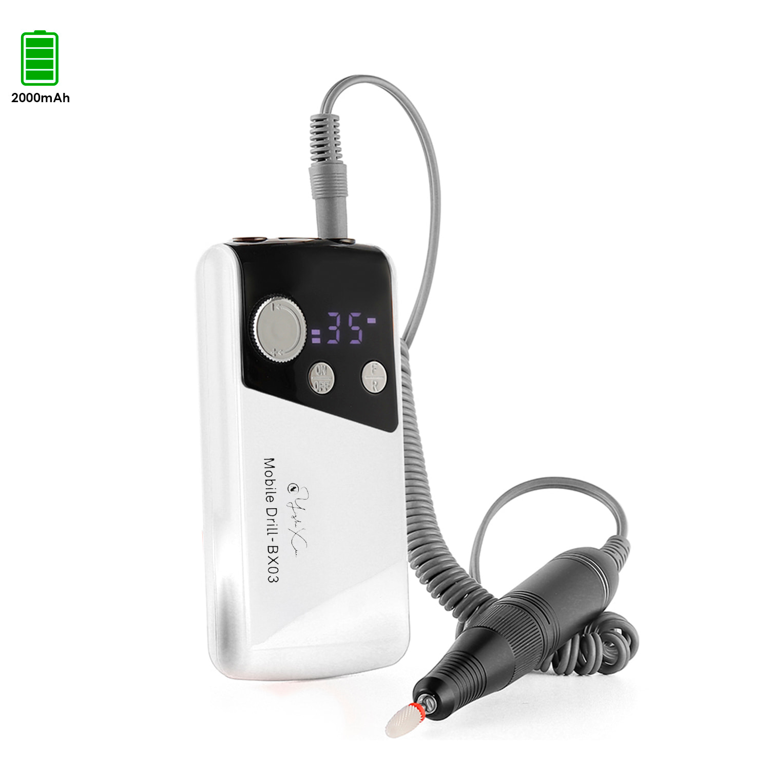Limatrice per unghie con batteria ricaricabile da 2000mAh, fino a 35.000rpm. Velocità regolabile. Include 1 testina di lucidatura.