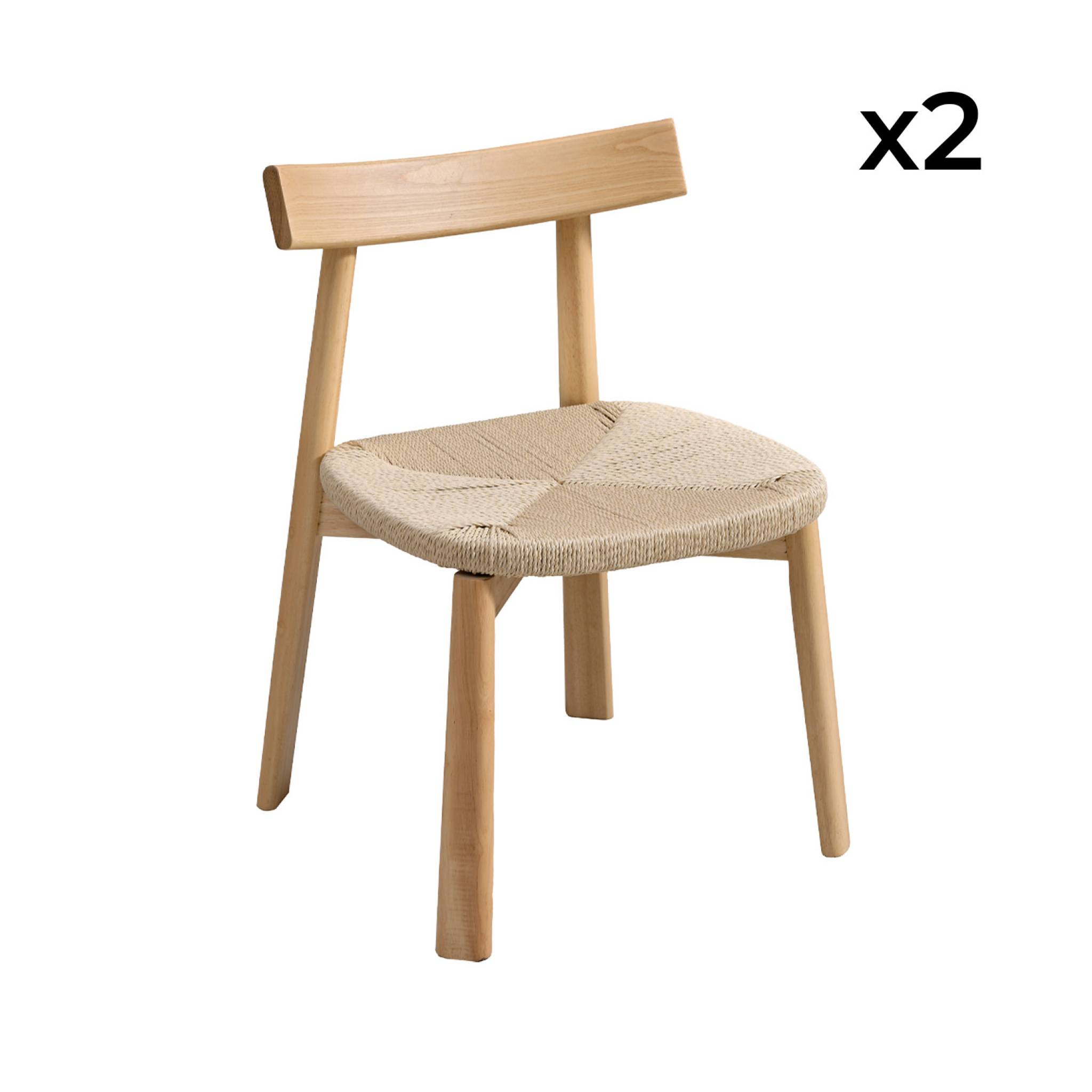 Lot de 2 chaises scandinaves en bois d'hévéa naturel et assise en corde beige