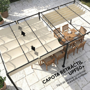 Pérgola de Jardín 6x3 m con Techo Retráctil, Cenador de Jardín con Protección UPF50+, Drenaje, Estructura Metálica, Pabellón para Patio, Terraza, Exterior, Blanco Crema