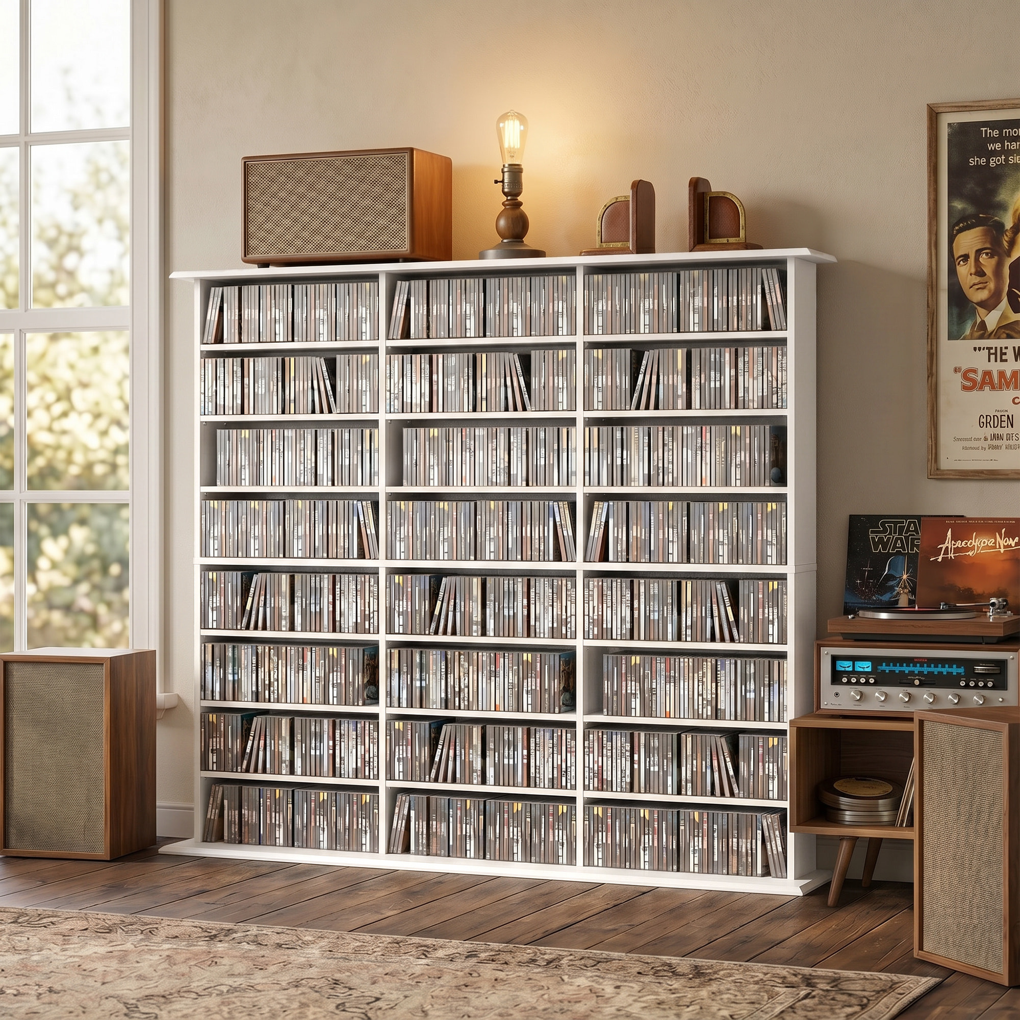 Rangement CD et DVD 24 compartiments 18 étagères réglables blanc