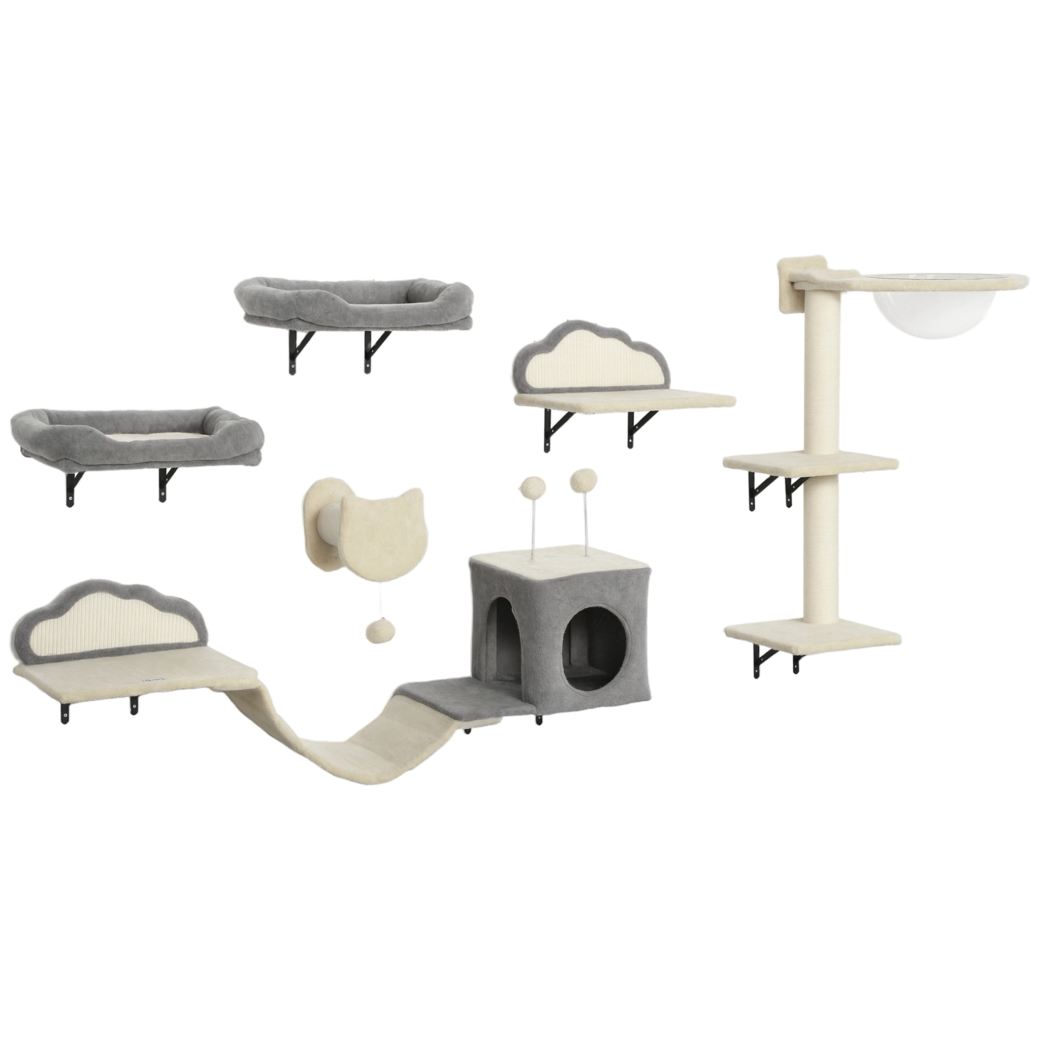 Arbre à chat design mural - parcours mural en bois pour chat 6 pièces variées - crème gris