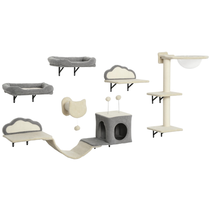 Arbre à chat design mural - parcours mural en bois pour chat 6 pièces variées - crème gris
