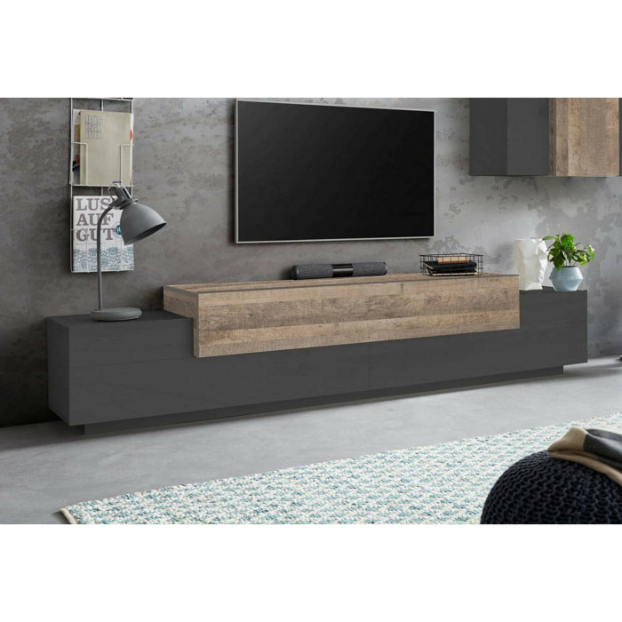 Mobile porta TV Tiche, Credenza bassa da soggiorno, Base porta televisione, 100% Made in Italy, cm 240x45h52, Antracite e Acero