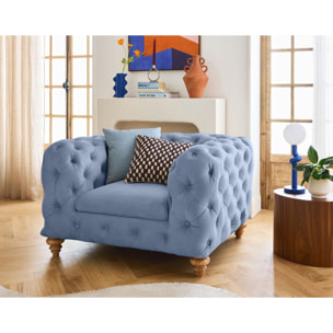 Walter - fauteuil chesterfield en velours - pieds bois - Bleu Ardoise