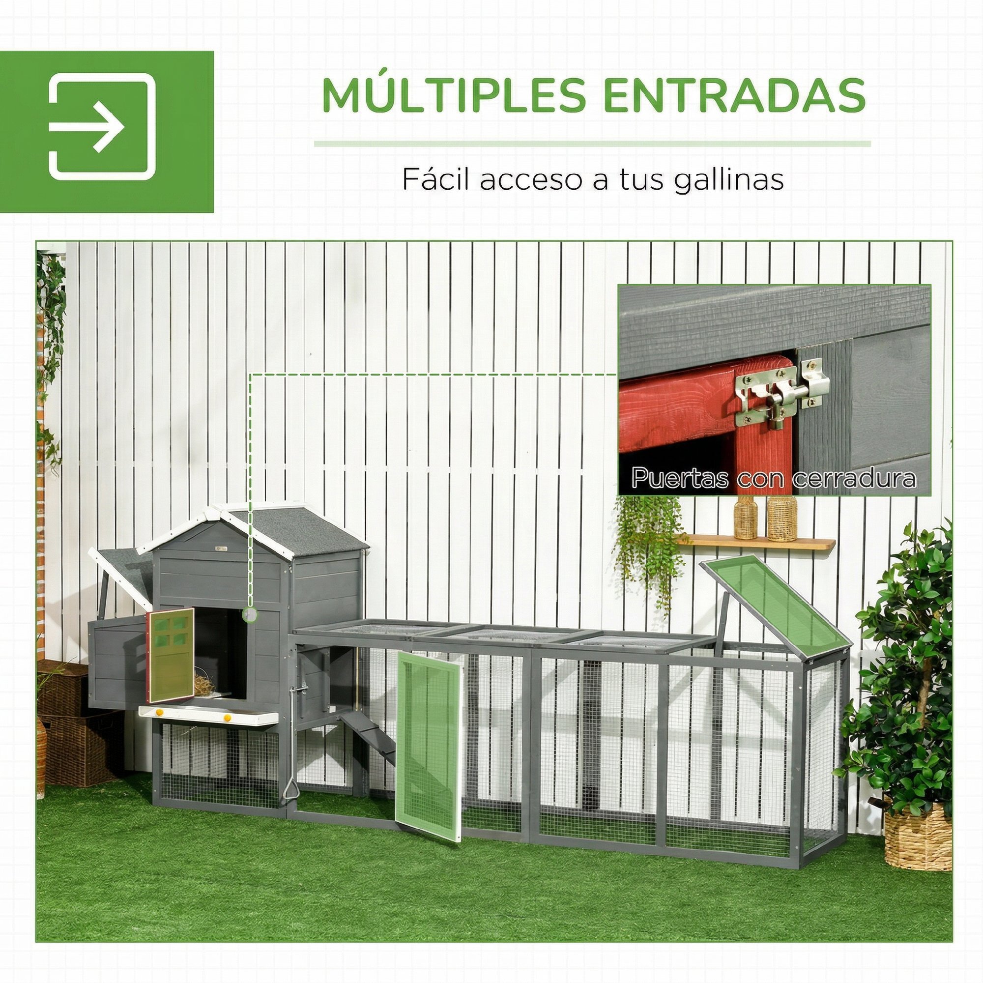 Gallinero para Exterior Grande de Madera, 300x66x116 cm, para 3-6 Gallinas, Gallinero con Nido, Corral, Bandeja Extraíble, Techo Asfáltico, Rampa, Puerta con Cerradura, Conejera, Gris