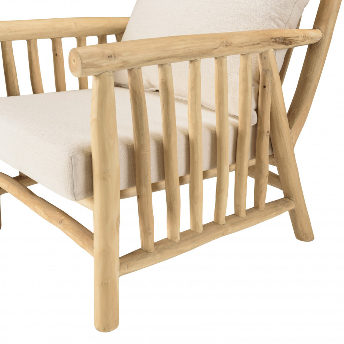 WILL - Fauteuil BORNEO en branches de teck naturel coussins blancs