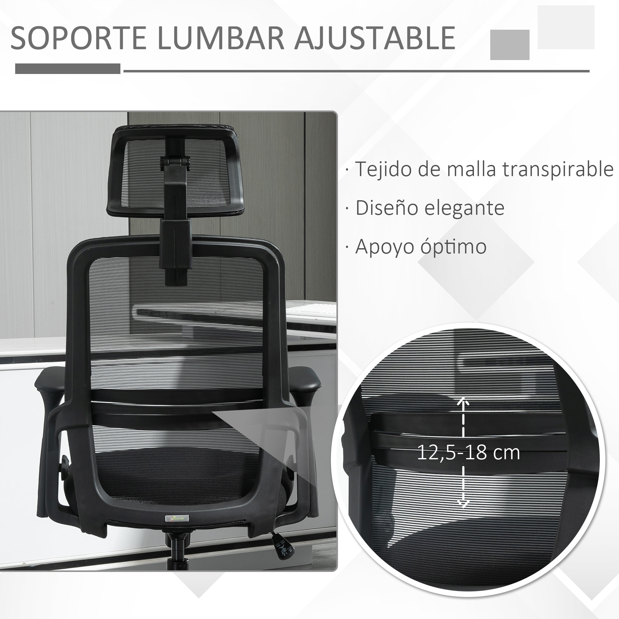 Vinsetto Silla de Oficina Ergonómica Silla Escritorio Giratoria con Altura Ajustable Reposacabezas Soporte Lumbar Regulables y Respaldo Transpirable 63,5x64,5x113-122 cm Negro