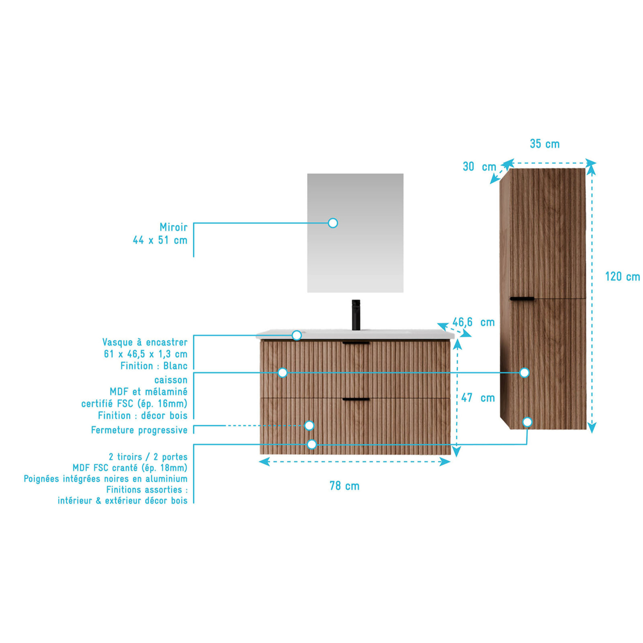 Pack Meuble salle de bain 80cm et Colonne de rangement - Façades Ondulées Décor Bois - MILO
