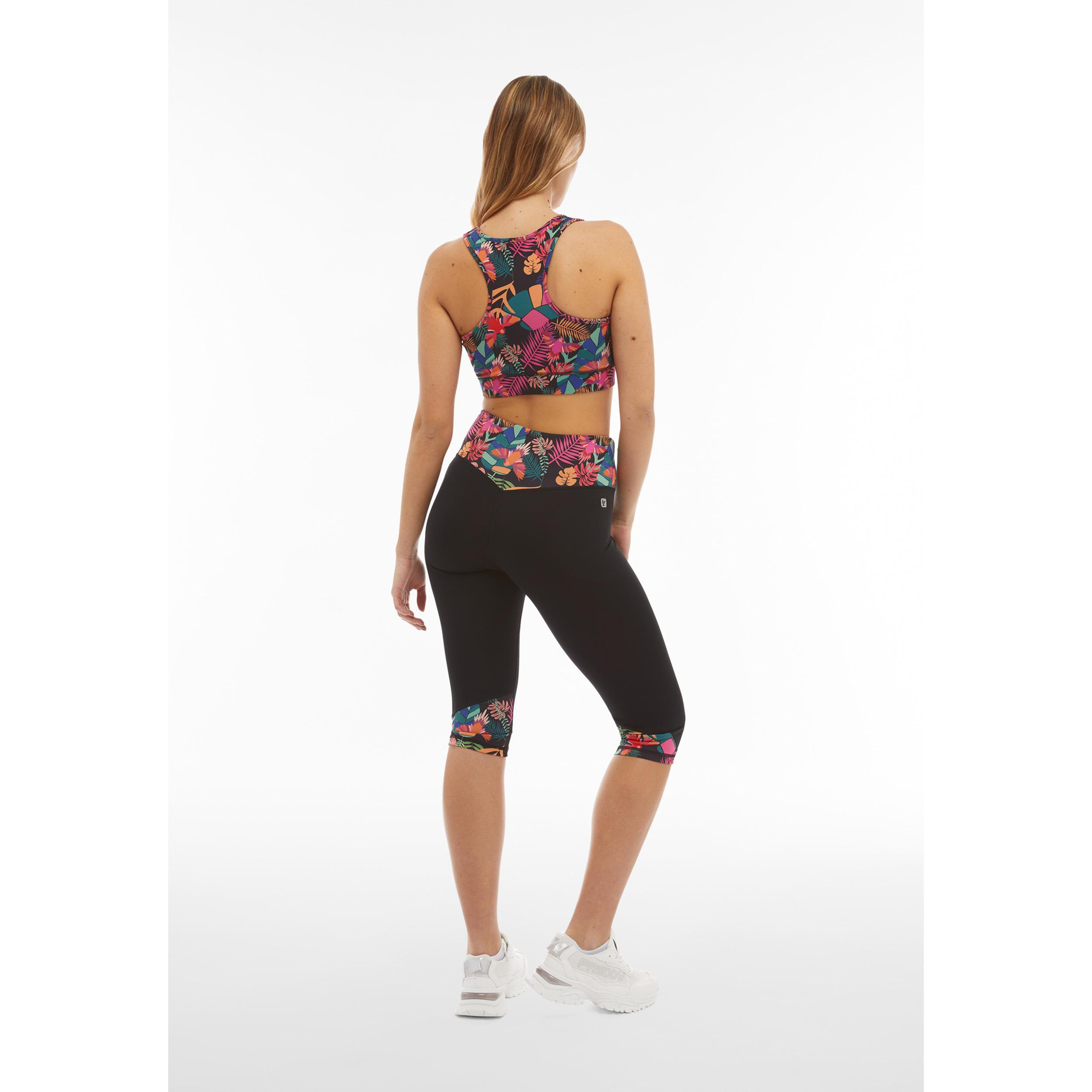 Leggings corsaro vita alta con inserti stampa tropicale