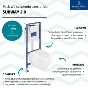 Pack WC sans bride Subway 2.0 avec abattant frein de chute + bâti Viconnect PRO + plaque blanche