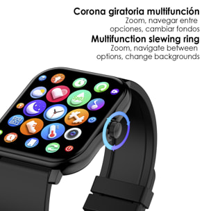 Smartwatch H30 con monitor de tensión y O2 en sangre, corona lateral funcional, notificaciones de aplicaciones.