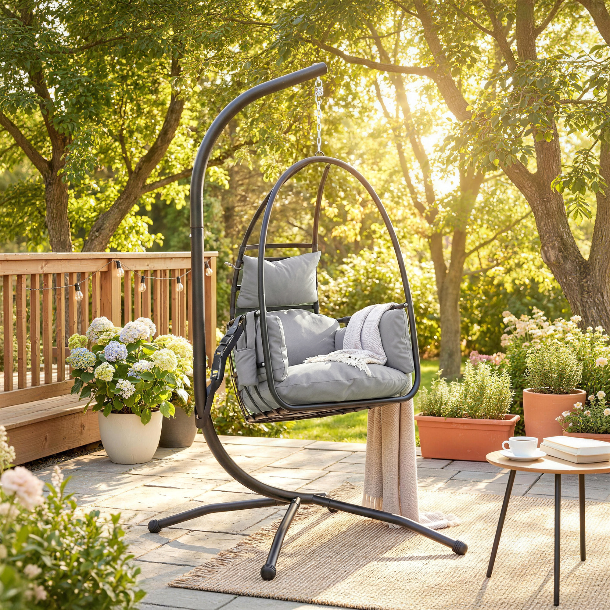 Silla Colgante Huevo con Soporte, Columpio de Jardín Exterior con Cesta Plegable, Reposacabezas, Cojín, Bolsillo Lateral, Columpio Colgante para Interior y Exterior, Carga 120 kg, Gris Oscuro