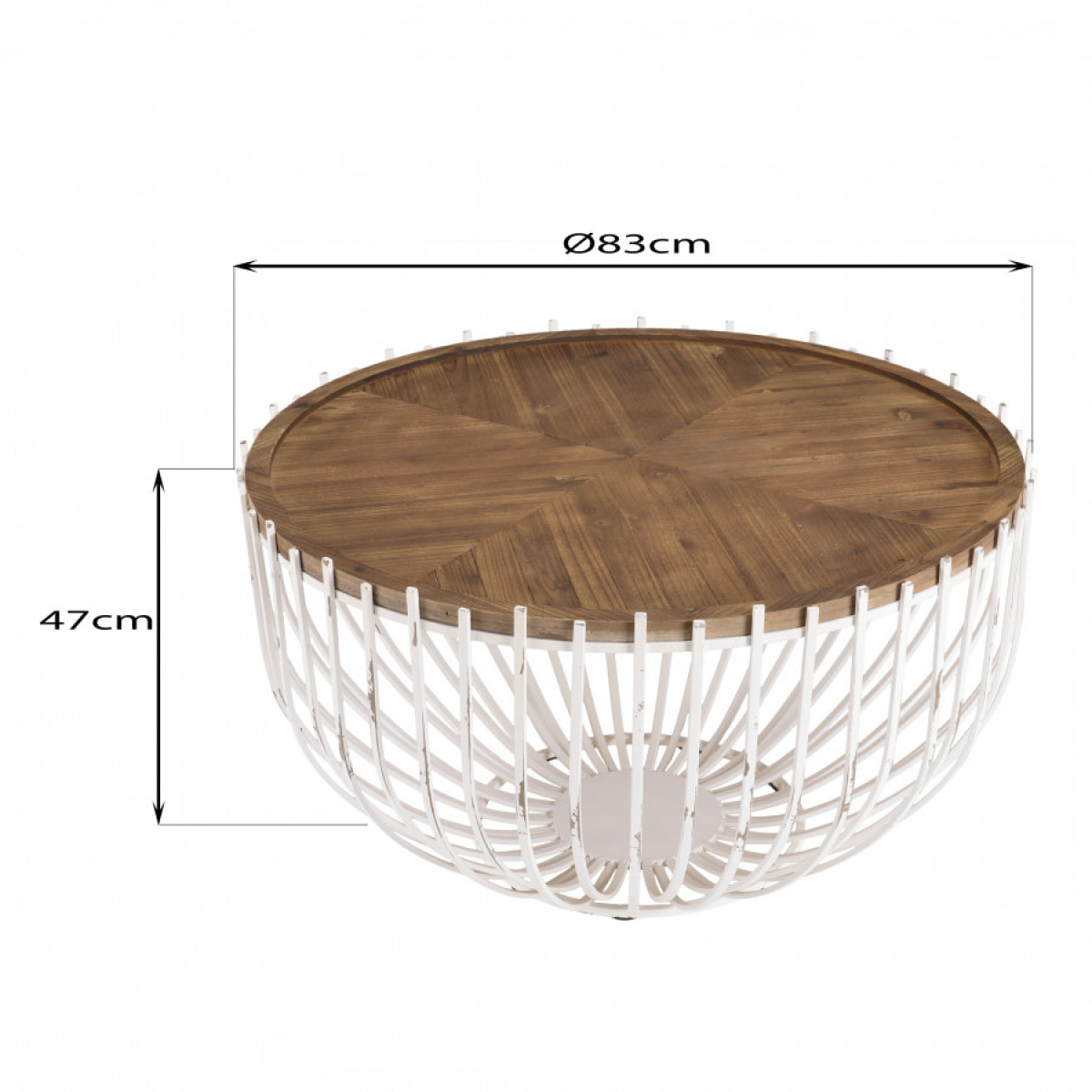 VICTOIRE - Table basse ronde 83x83cm plateau naturel piètement en métal blanc vieilli ajouré