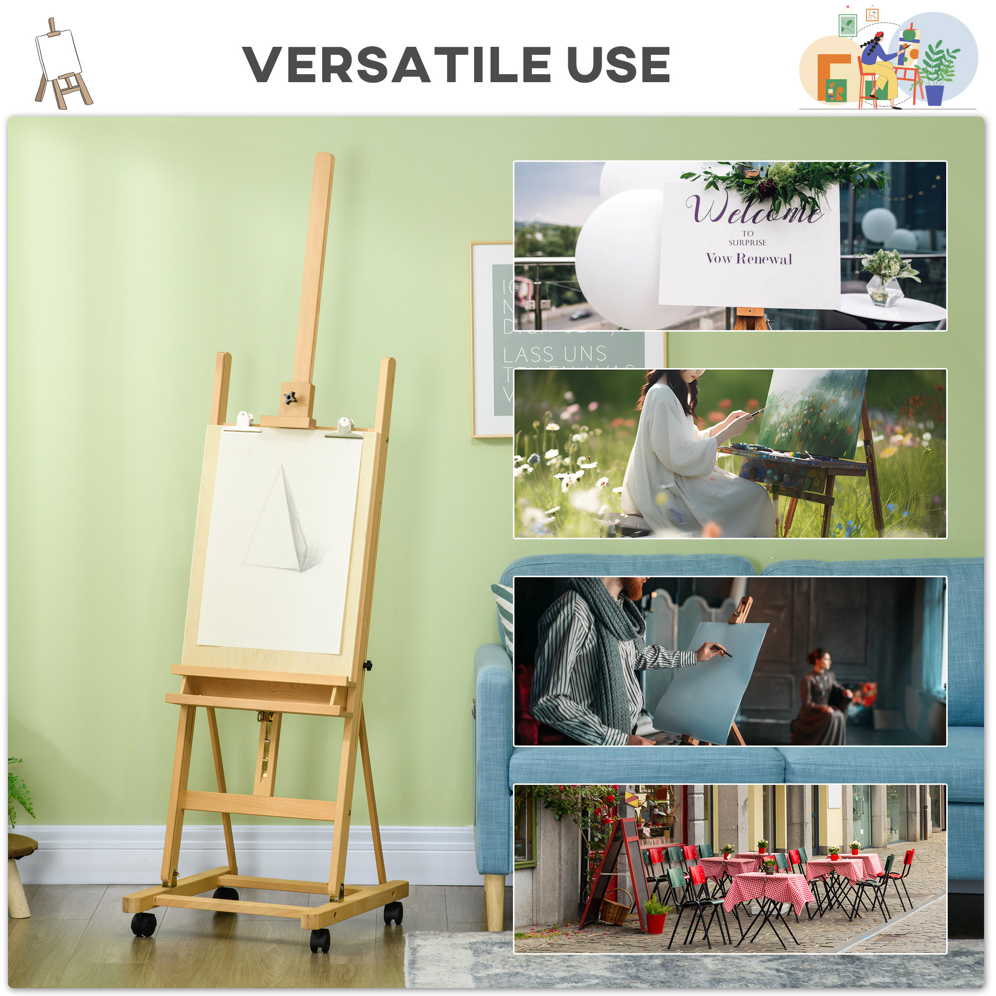 Caballete de Pintura Plegable, 238 cm, Caballete de Madera con Ruedas, Altura Ajustable, Bandeja, para Adultos, Artistas, Pintor, Estudiantes, Natural