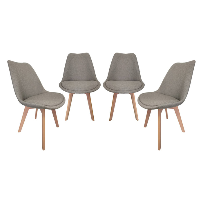 Lot de 4 chaises scandinaves revêtement tissu gris clair. pieds bois de hêtre - Nils